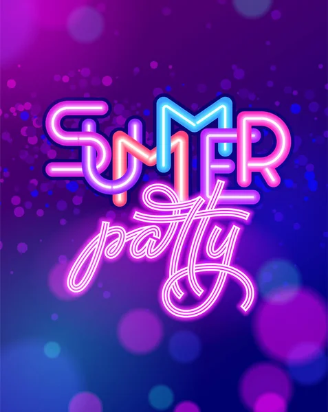 Zomer partij belettering op ultraviolet neon gloed achtergrond. Lichtreclame. Vector sjabloon voor nacht club poster, flyers, uitnodigingen. Vectorillustratie. — Stockvector