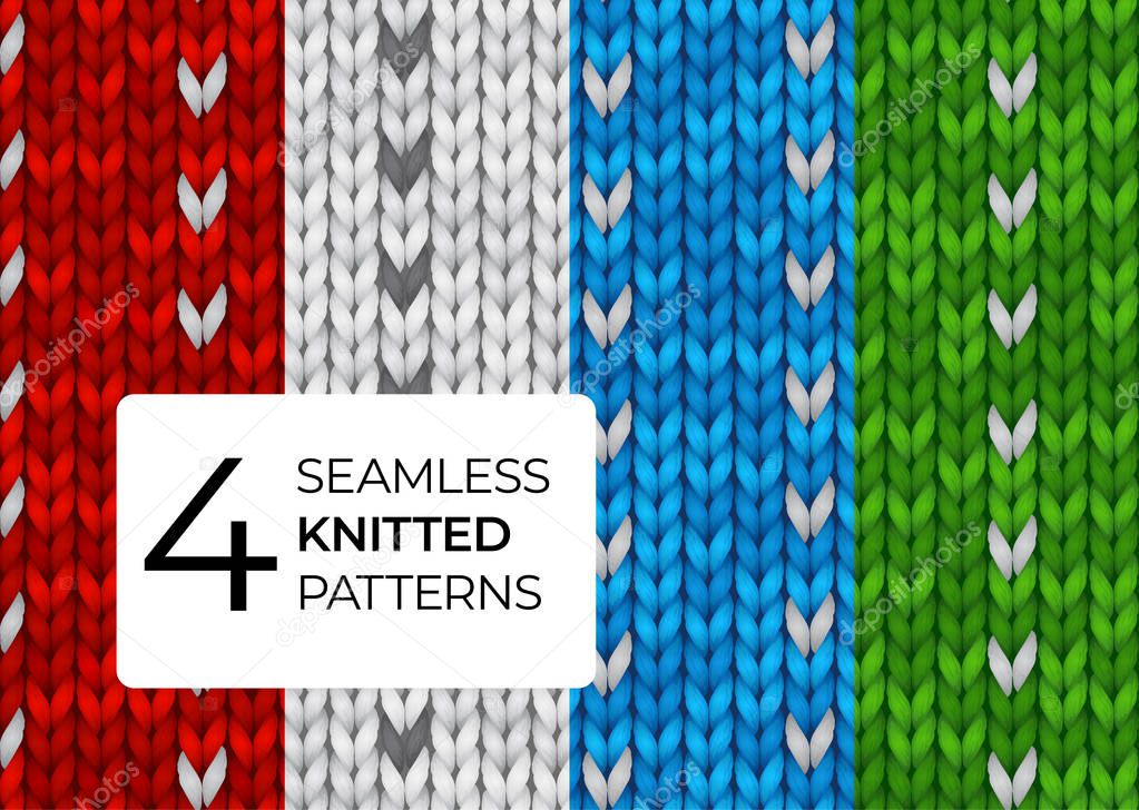 Set of realistic knitted patterns. Colored seamless knitted textures for the background of the site, greeting cards, wallpapers, invitations, banners. Vector illustration for a dark background.