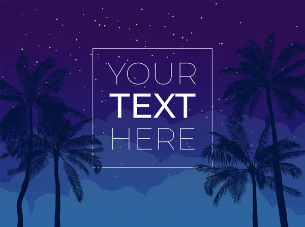 Banner with palm tree and night sky and copy space. Vector template with place for your text for poster, invitation, banner. Vector illustration. EPS10 — Stock Vector