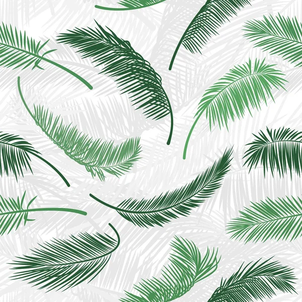 Tropisk grön palm tree lämnar i sömlösa mönster. Vektor mönster för tryckdesign, tapeter, webbplats bakgrunder, vykort, textil, tyg. Vektorillustration. Vintage sömlös palm leaf mönster. — Stock vektor
