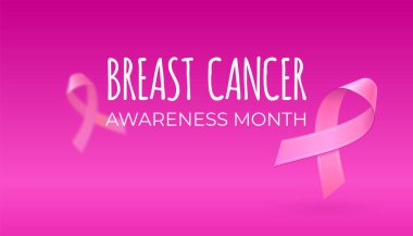 Açık pembe renkli kopya alanı ile üzerinde uçan gerçekçi pembe kurdeleler. Meme kanseri bilinçlendirme sembolü Ekim ayında. Afiş, poster, davet, el ilanı için vektör çizim. Eps10