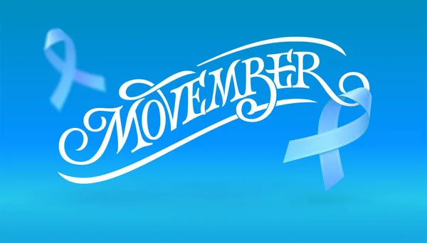 Movember typografie witn letící modrou stužkou. Rakovina prostaty povědomí měsíc. Zvýšit povědomí o Pánské zdravotní problémy. Vektorový pozadí s textem a pásu karet. — Stockový vektor