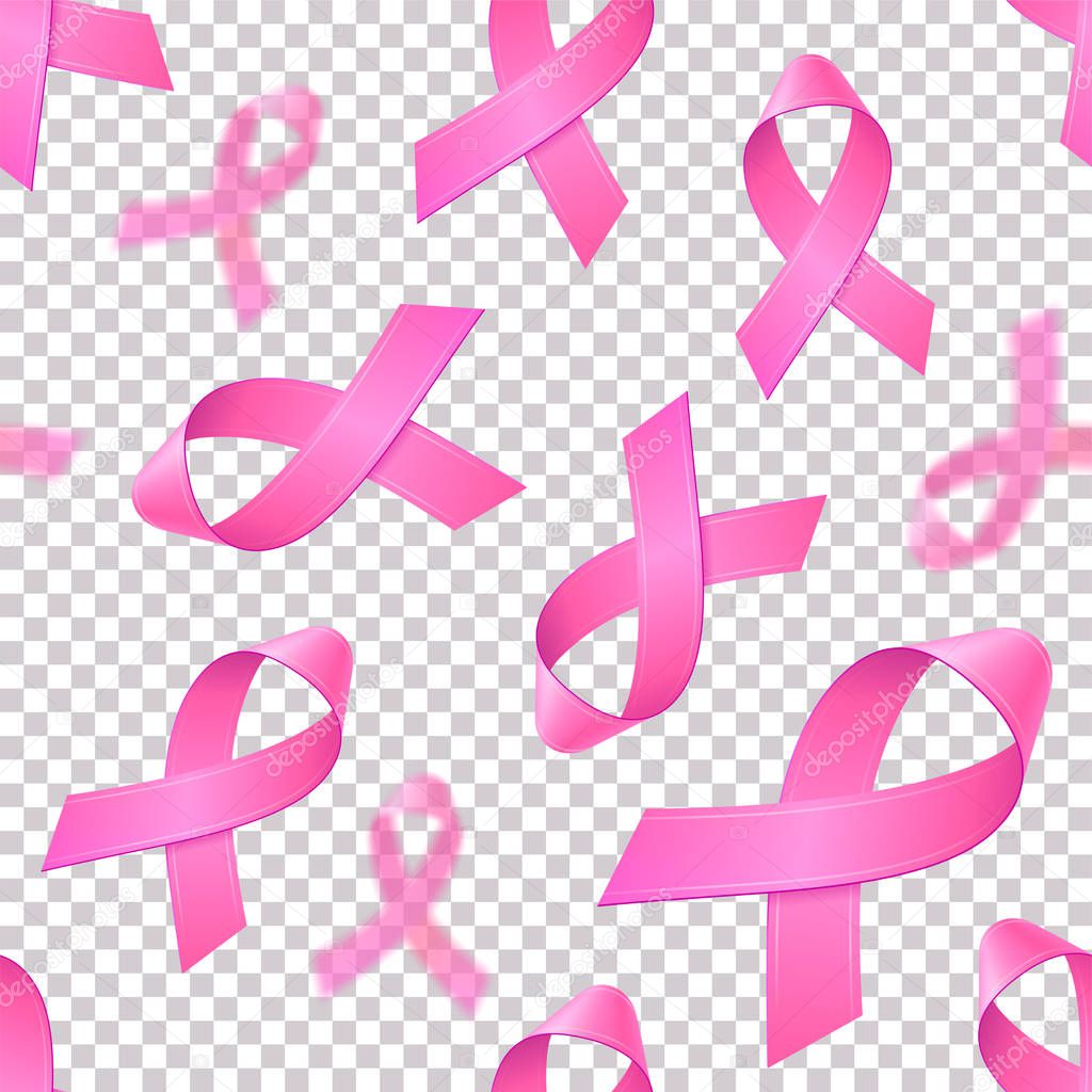 Seamless pattern with realistic pink ribbons on transparent background. Breast cancer awareness symbol in october. Template for banner, poster, invitation, flyer. Vector illustration.