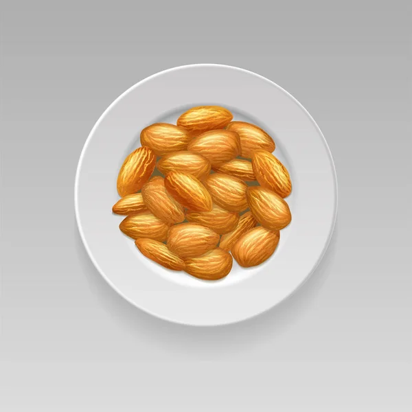 Plate Almonds White Isolated Background Realistic Vector Illustration Top View — Stock Vector