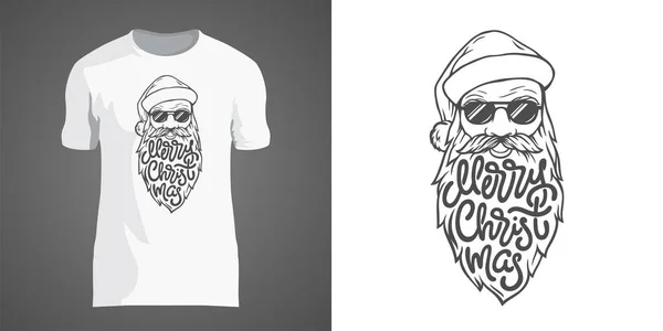 创造性的 t恤设计与圣诞老人在太阳镜与大胡子的例证。以胡须的形式给圣诞快乐。新年派对及圣诞假期的 t恤设计. — 图库矢量图片