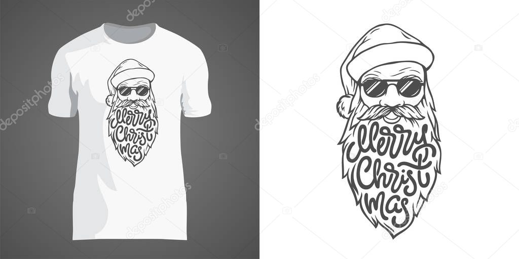 Creative t-shirt design with illustration of Santa in sunglasses with big beard. Lettering Merry Christmas in form of beard. T-shirt design for New Year party and Christmas holidays.