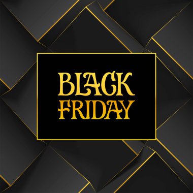 Koyu geometrik arka planda 3D küplü altın el yazısı ve Kara Cuma logosu. Poster, kart ya da sosyal medya için reklam afişleri için şablon. Vektör illüstrasyonu.