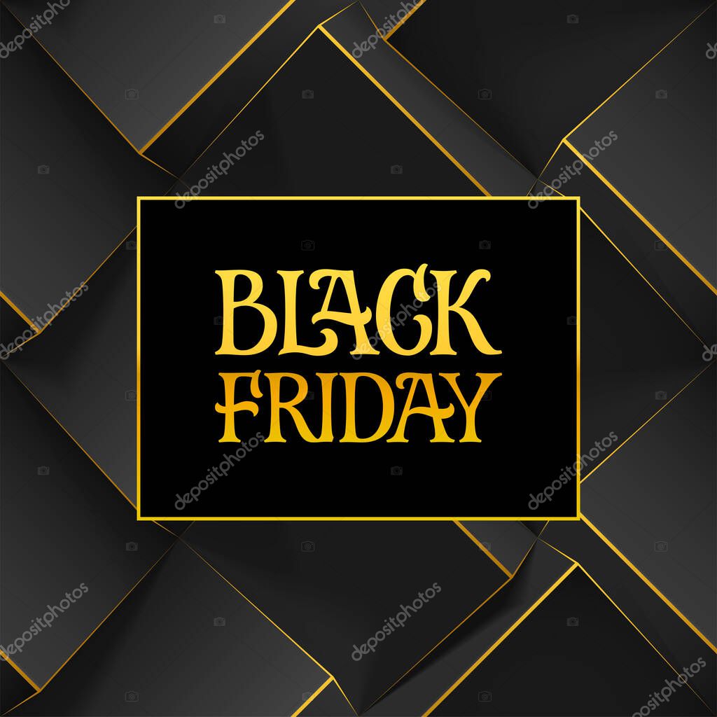 Golden handwritten lettering sign and logo Black Friday on dark geometric background with 3d cubes. Template for poster, cards or promotional banners for social media. Vector illustration. EPS10