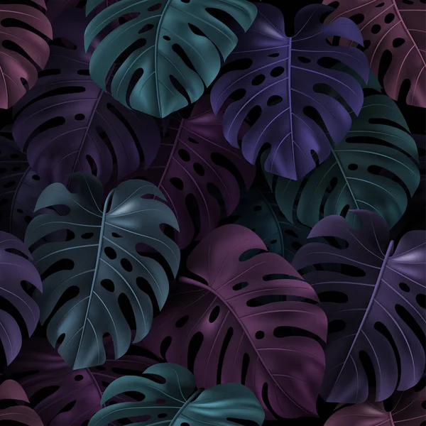 Tropiska färgglada blad Monstera på mörk bakgrund. Sömlöst mönster. Realistisk 3D-illustration för textil, hawaiian stil, tapeter, webbplatser, kort, webbdesign. Vektor som upprepar botanisk struktur — Stock vektor