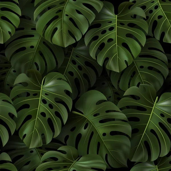 Botanische illustratie met tropische groene 3D bladeren Monstera op donkere achtergrond. Realistisch naadloos patroon voor textiel, hawaiiaanse stijl, behang, sites, kaart, stof, webdesign. Vectorsjabloon. — Stockvector