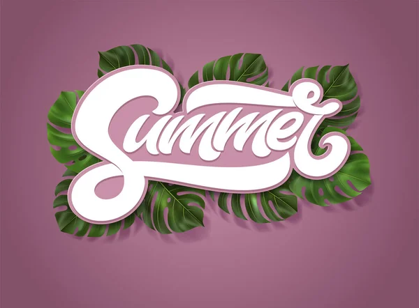 SOMMER Inschrift mit tropischen Blättern monstera auf rosa Hintergrund. Vektor-Illustration mit handschriftlichem Schriftzug für Cover, Poster, Banner, Einladungskarte, Anzeige, Webdesign. Faux fette Typografie — Stockvektor