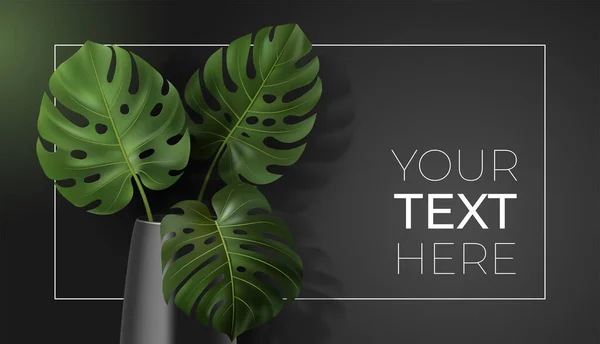 Vektor affisch med gröna tropiska blad monstera i vas på mörk bakgrund. Botanisk illustration med kopia utrymme för din text i ram för interiör, inredning, affisch, banner, kort, annons, design — Stock vektor