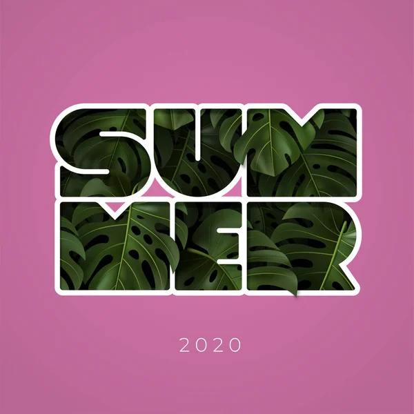 Vector illustratie met inscriptie SUMMER 2020 en groene tropische bladeren monstera. Sjabloon met typografie op roze achtergrond voor banner, poster, omslag, reclame, promotie, ansichtkaart, bedrukking. — Stockvector