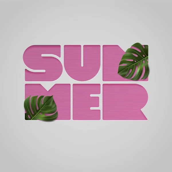 Paper cut pink letters SUMMER with tropical leaves on light gray background. Vector Illustration with typography and monstera leaf for shirt, banner, sale, discount, flyer, invitation, poster. — Stock Vector