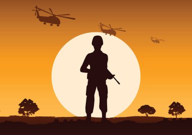 asker tutun güçlü noktası, helikopter sinek yukarıdaki savunmak için silah standı