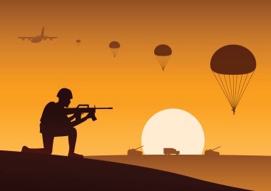 asker hedef için askeri araç arkasında paraşütçü vurmak hazır