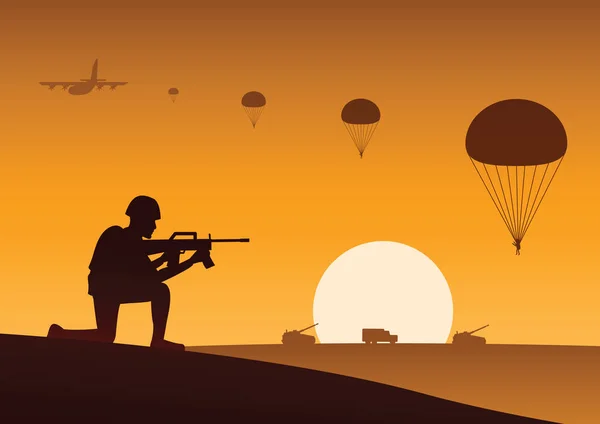 Soldato Pronto Sparare Paracadutista Giù Dietro Veicolo Militare Davanti Bersaglio — Vettoriale Stock