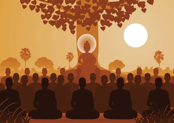 Seigneur Bouddha Médiation Avec Foule Moine Style Silhouette — Image vectorielle