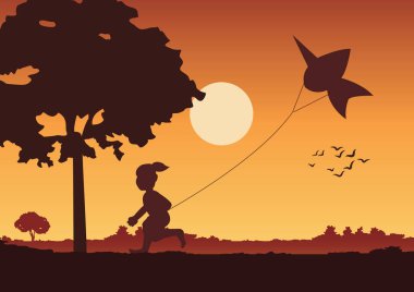 günbatımı manzara ve taşra hayatı bir çocukla bir uçurtma ile Doğu lifestyle.vector şekil tree.countryside oynayabilir