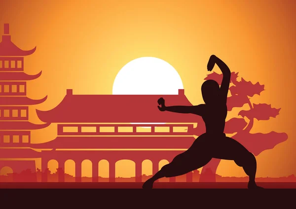 Chinese Boxing Kung Martial Art Famous Sport Monk Train Fight — Stock Vector