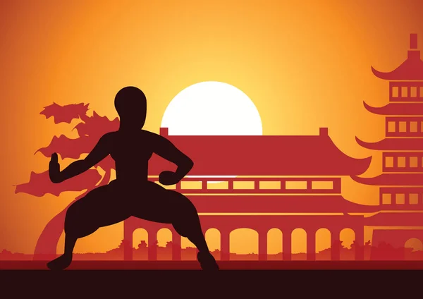 Chinese Boxing Kung Martial Art Famous Sport Monk Train Fight — Stock Vector