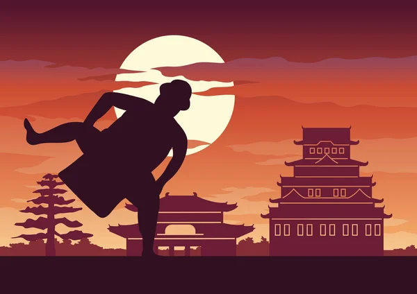 日本のデブ男の戦いという相撲シルエットのデザイン 城の日本語スタイルの前でポーズを戦うために準備ができて — ストックベクタ