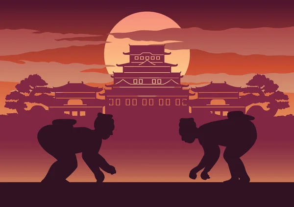 Şişman adam savaş Japonya'nın Sarayı ve Japon kale stil önünde poz mücadele, tasarım siluet anık Sumo denilen