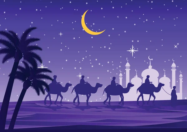 Caravan Muslim Ride Camel Mosque — Stock Vector
