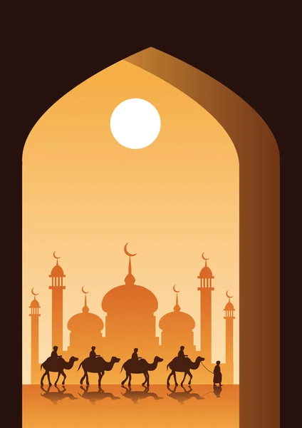 Carovana Giro Musulmano Cammello Alla Moschea — Vettoriale Stock
