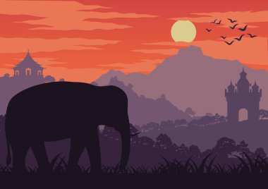 Tayland ve Laos bir fil sembolü sabah hayatta yürümek Simgesel Yapı, siluet tasarım ve vintage renk, vektör çizim yakınındaki ormanda
