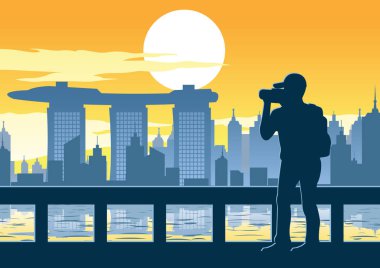 adam ünlü Kulesi, günbatımı zamanı, vintage renk, vektör çizim Singapur landmark en iyi fotoğraf çekme