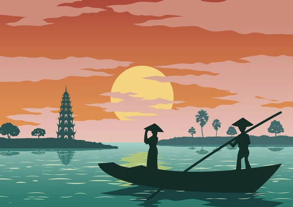 女子站在船上 向越南的著名宝塔致敬 复古色彩 矢量插画 — 图库矢量图片