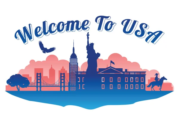 Usa Top Beroemde Bezienswaardigheid Silhouet Stijl Eiland Beroemde Bezienswaardigheid Silhouet — Stockvector