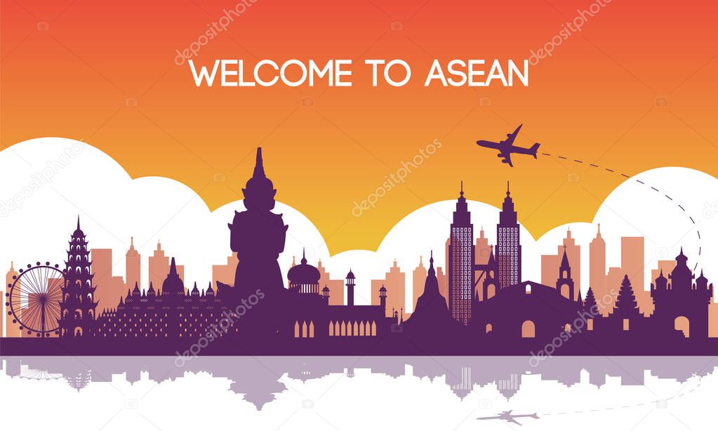 famous landmark of southeast Asia,travel destination,silhouette design,purple and orange gradient color,vector illustration