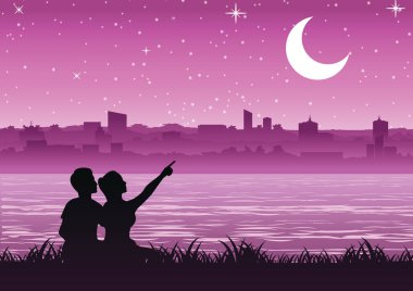 couple pointing to  the moon above the city near a riverside, silhouette style clipart