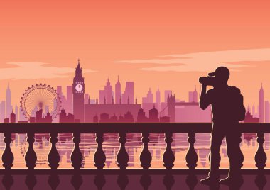 tourist take photo of famous place called Big Ben,landmark of England on sunset time,vintage color style,vector illustration clipart