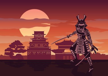 Samuray poz onun korumak için Japon Mimarlık ortalamaya sahip kale önünde adı Şövalyesi yer günbatımı zamanı, siluet tasarım saygı, illüstrasyon vektör