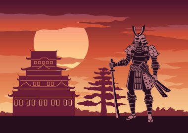 Samuray poz onun korumak için Japon Mimarlık ortalamaya sahip kale önünde adı Şövalyesi yer günbatımı zamanı, siluet tasarım saygı, illüstrasyon vektör