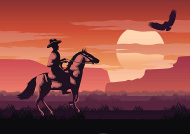 silhouette and monochrome scenery cowboy in Savannah field go back home on sunset time,red color style,vector illustration clipart