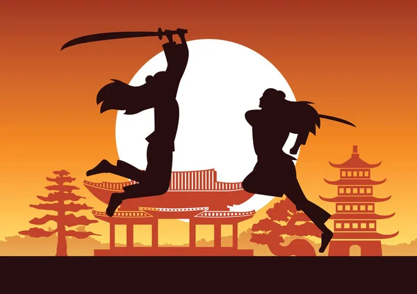 Chinese Martial Hero Train Fight Each Other Front Ancient Chinese — Stock Vector