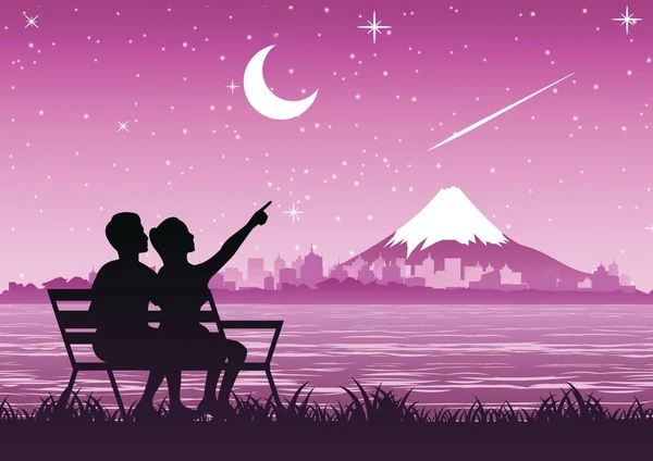 Couple Tenir Près Montagne Fuji Regarder Météore Étoile Sable Nuit — Image vectorielle