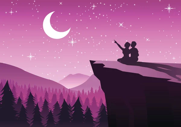 Couple Pointing Moon Night Stars Sitting Cliff Close Pine Forest — Stock Vector