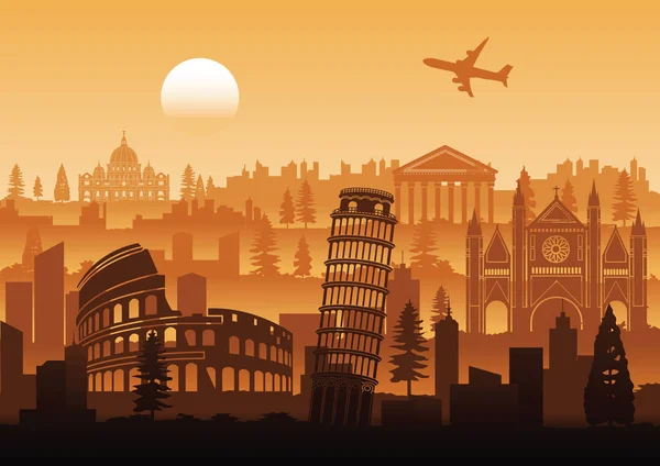 Ιταλία Διάσημο Ορόσημο Σιλουέτα Στιλ Σειρά Σχέδιο Ηλιοβασιλέματος Εικονογράφηση Διάνυσμα — Διανυσματικό Αρχείο