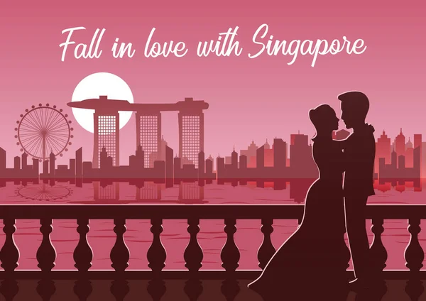 Amante Abraçar Juntos Nas Proximidades Famosa Torre Marco Superior Cingapura — Vetor de Stock