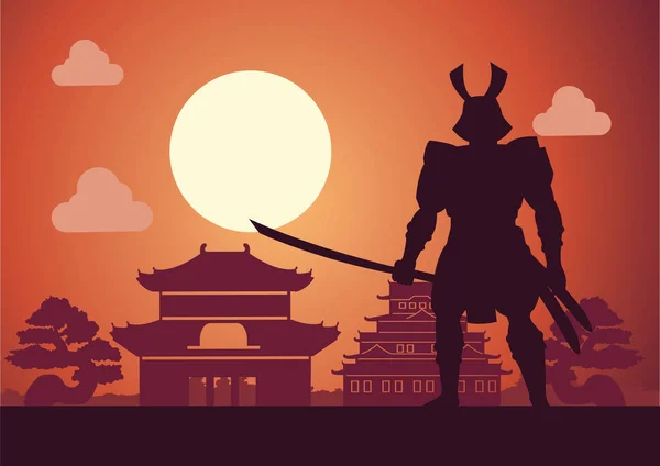 騎士武士彼を保護するために意味を城の前でポーズを取る日本の日没時間 シルエット デザインに場所を尊重 ベクトル イラスト — ストックベクタ