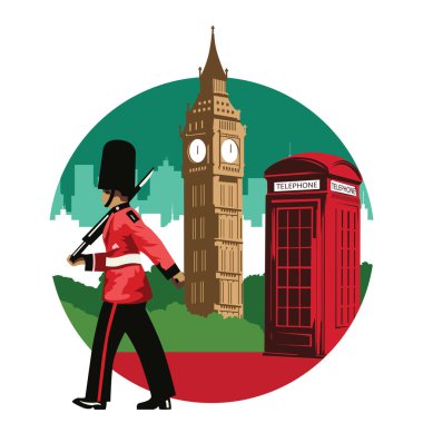 İngiliz askeri, kırmızı telefon kulübesi ve big ben, ünlü ve bez ve web tasarımı, ulusal bayrak rengi, İngiltere'nin simgesi illüstrasyon vektör