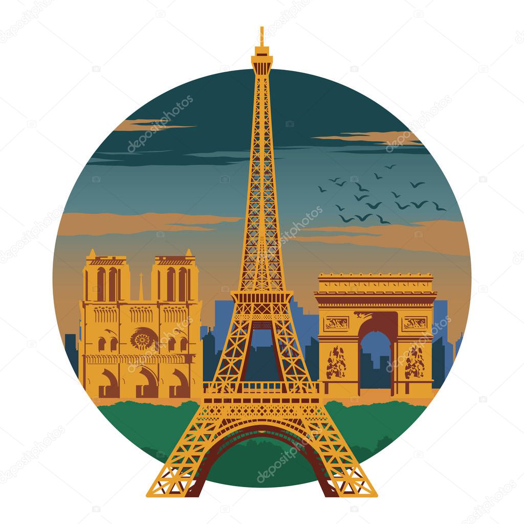 Eifel tower and top famous landmark and symbol of France,for cloth and web design,national flag color,vector illustration