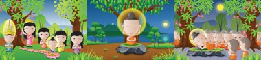 set of lord of Buddha born, enlighten and dead in cartoon version,used well for important days of Buddhism vector illustration clipart