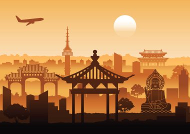 Kore ünlü siluet stil satır tasarım zamanında günbatımı, vektör çizim ile