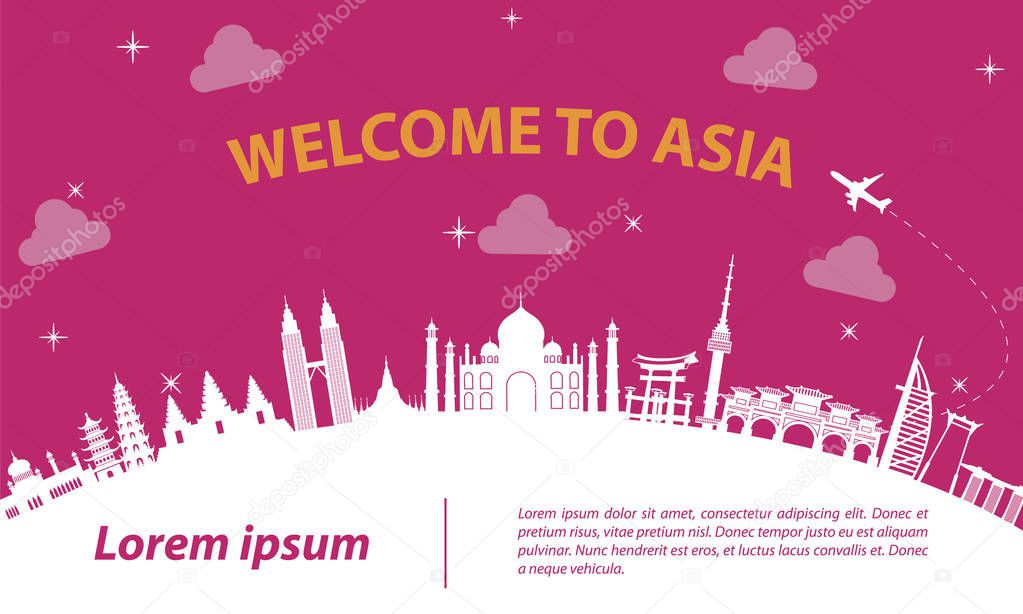 Asia  top famous landmark silhouette style on white curve,trip and tourism,vector illustration